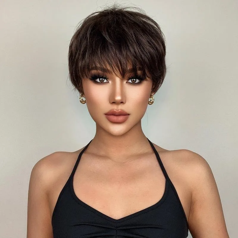 Fluffy Short Curly Synthetic Wigs Dark Brown With Bangs Short Hair For Women Daily Natural Hair Wig Cosplay Wigs For Daily Party