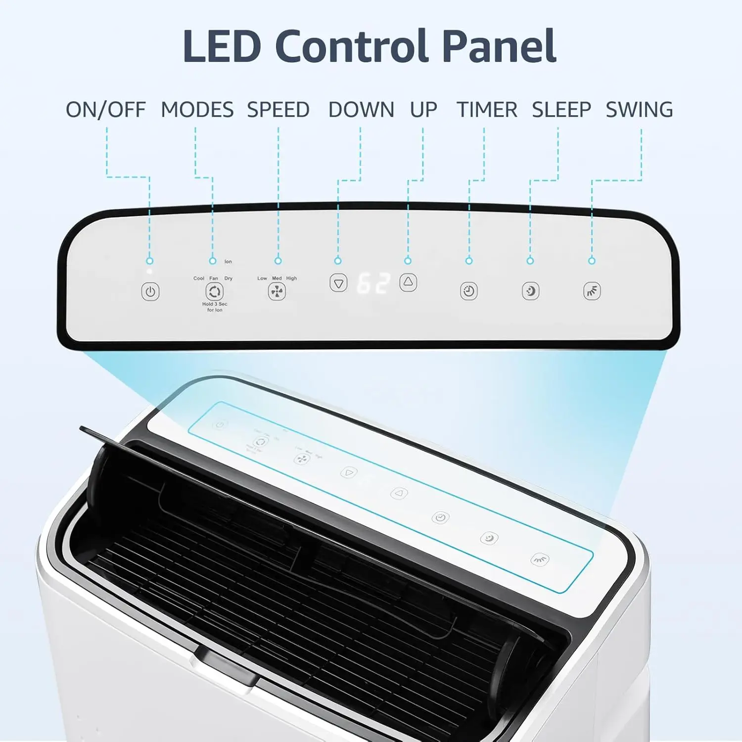 Aire acondicionado portátil con temporizador de ahorro de energía de 24H, refrigeración, deshumidificación, ventilador de 3 velocidades, adecuado para habitaciones entre 500 y 700 pies cuadrados