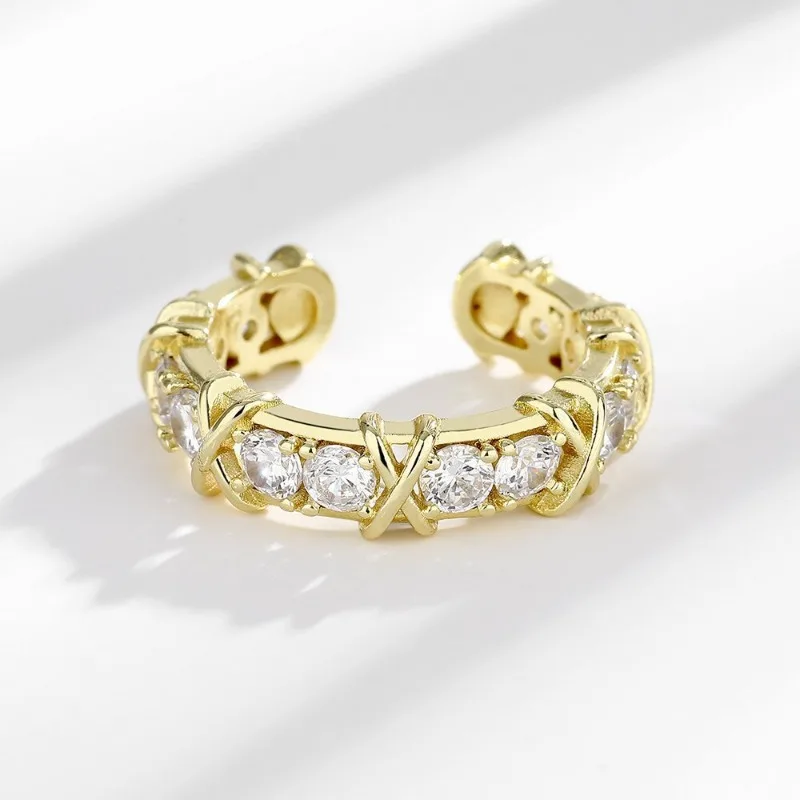 Jianjie Light Luxury Women’s X Cross Open Rings Inlaid Bright Zirconia Exquisite Personality Ring Party Gifts Tide