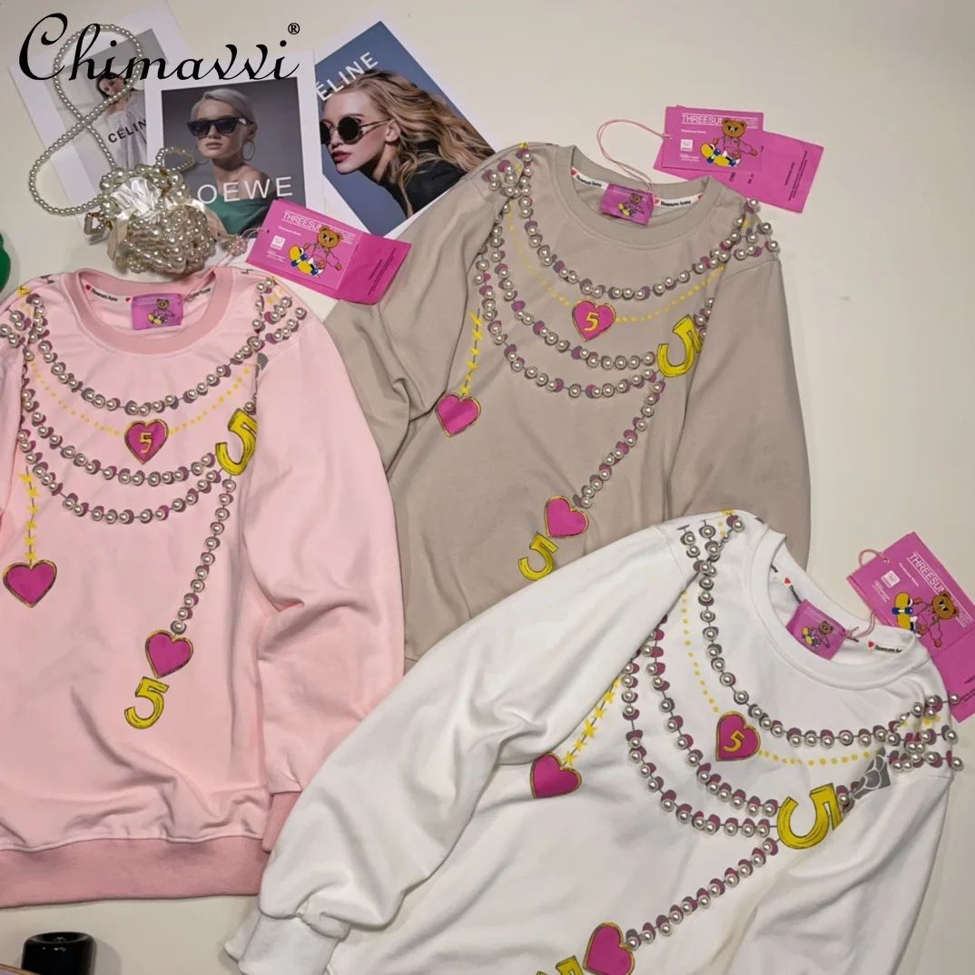 

Autumn New Fashion Round Neck Beaded Necklace Front and Rear Printed Sweatshirts Girly Style Long Sleeve Casual Loose Hoodies