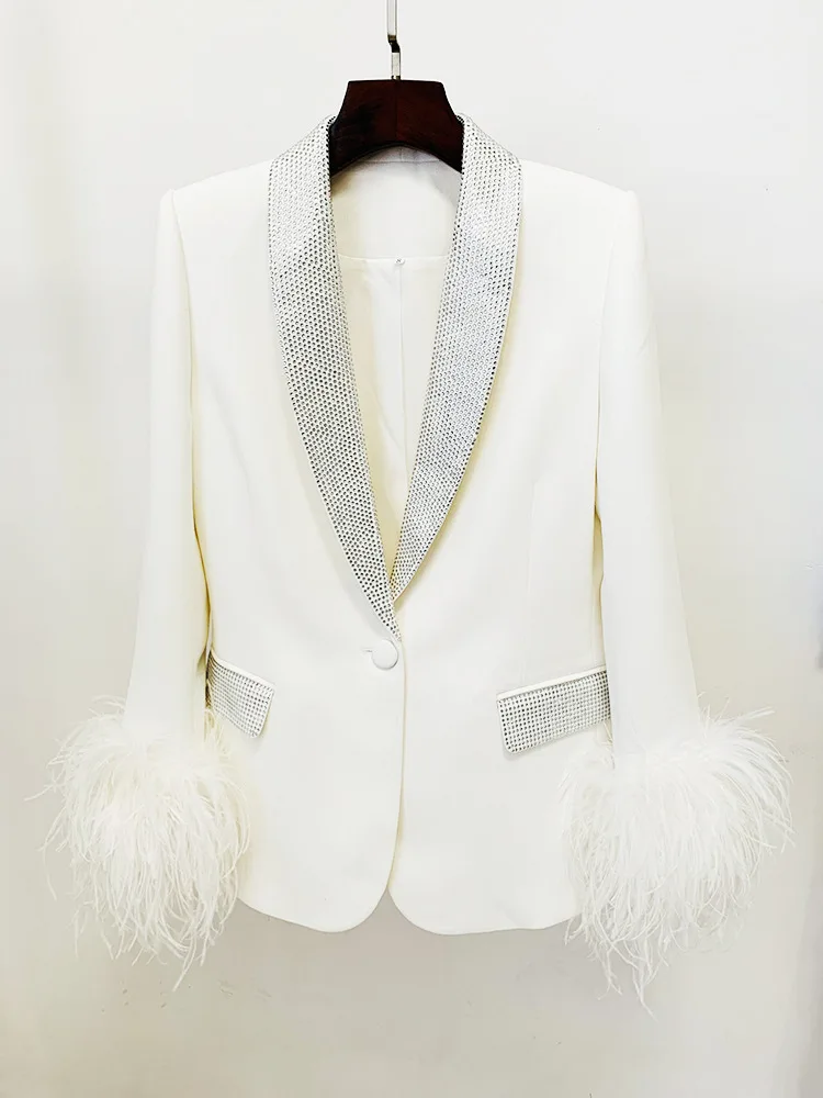 

White Hot Pink Pantsuits Blazer Set Ostrich Feather Real Feather Embellished Diamond Shawl Collar Party Suit Jacket Set Outfits