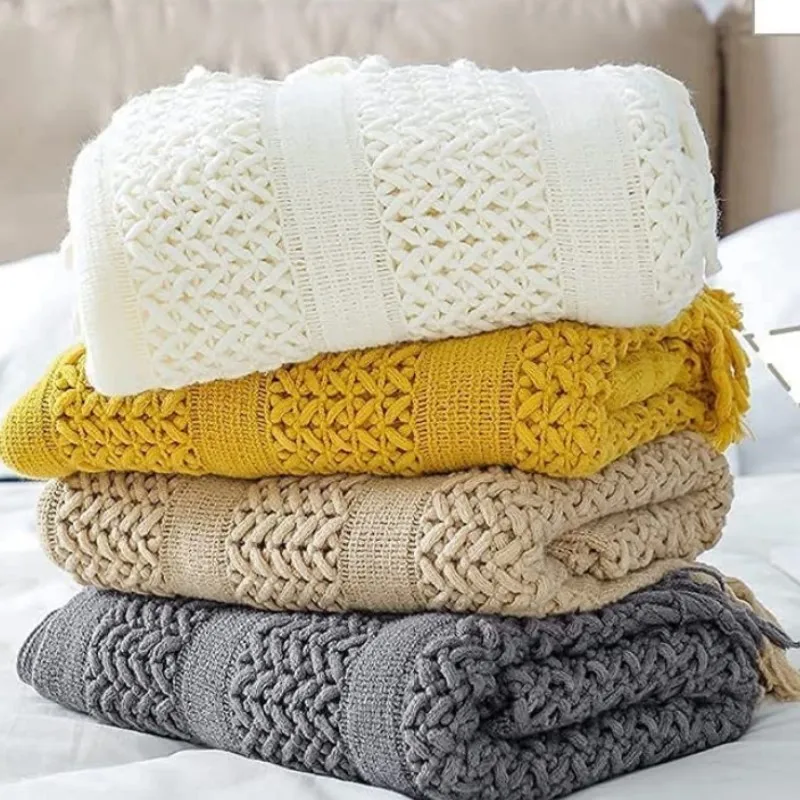 Boho Farmhouse Style Throw Blanket Soft Cozy Knitted Lightweight with Tassels White Khaki Couch Blanket for Home Autumn Winter
