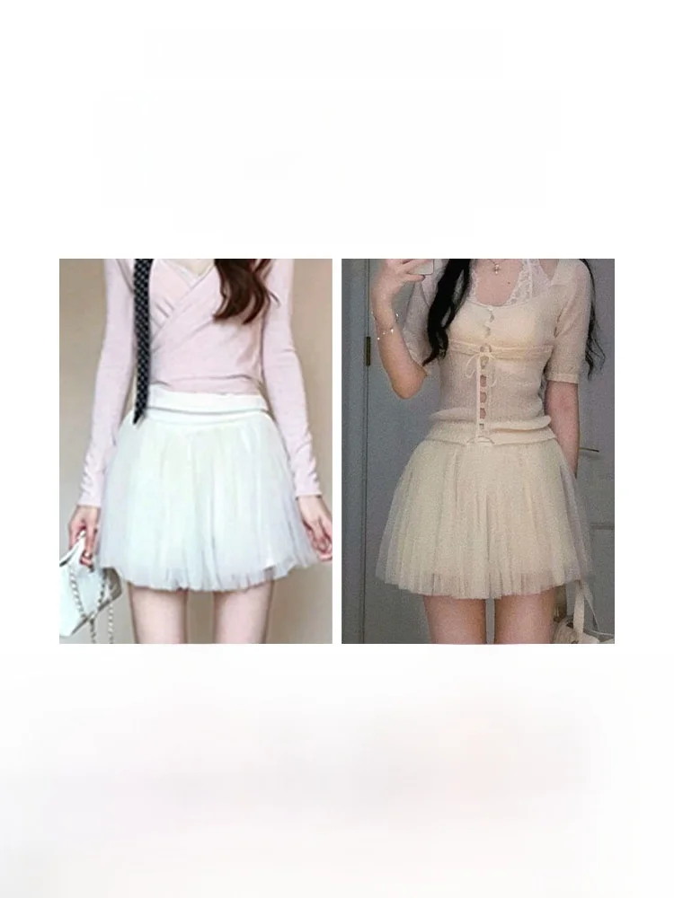 High Waist Mesh Short Skirt Women's Summer Thin High Quality Beautiful Half Body Skirt Small Size A-Line Fluffy Skirt