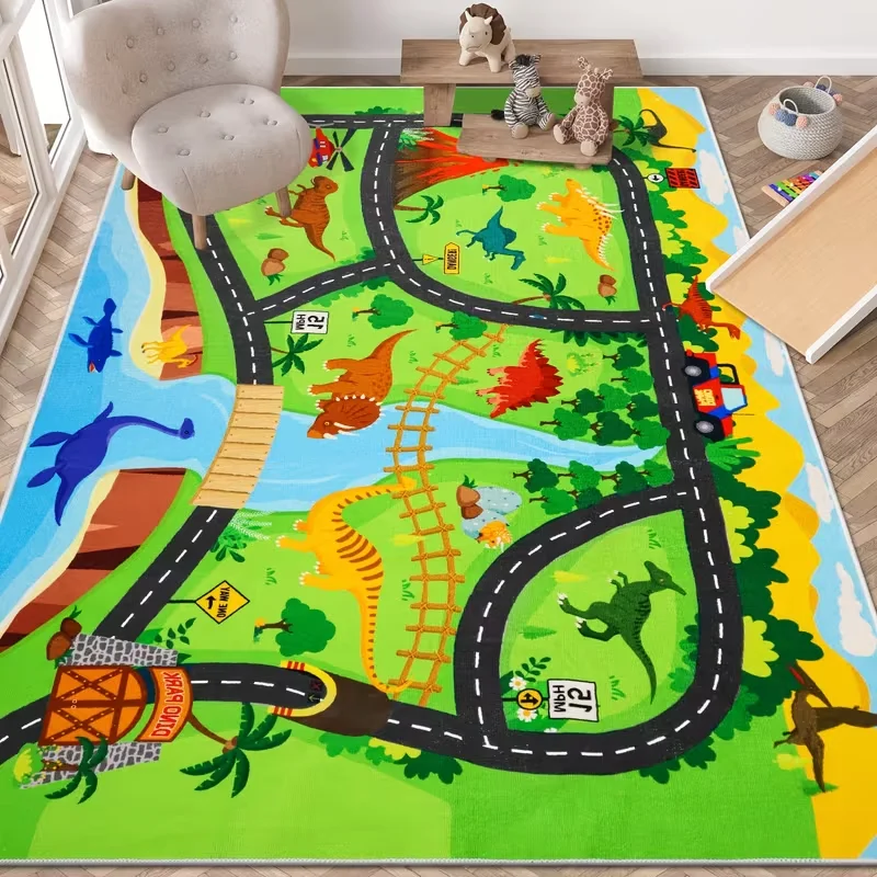 Dinosaur Traffic Roadmap Carpet Children Play Rug Dinosaur Park Design Home Decoration Floor Mat for Kids Bedroom Living Room