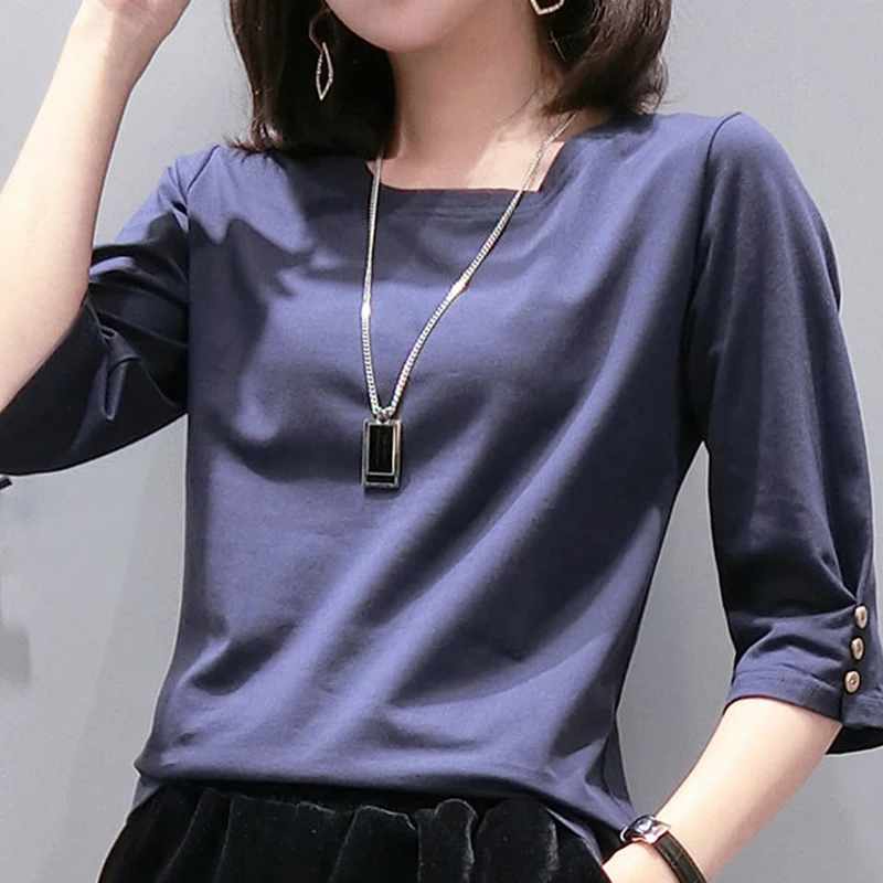 Spring Summer O Neck Simple Cotton Loose Casual Pullover Top Women Solid 3/4 Sleeve Buttons All Match T-shirt Female Tee Clothes