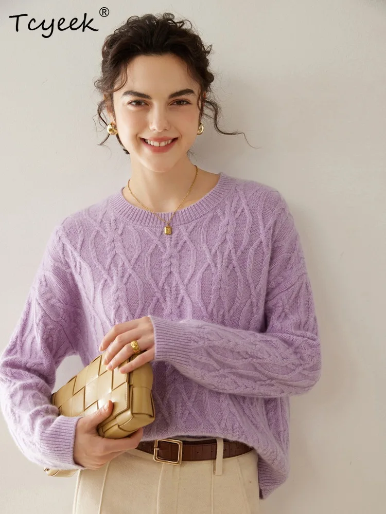 

Tcyeek, элегантные свитера из 100% козьего кашемира уровня A, женский витой воротник, модный бутик-свитер OL, осень-зима T48084QM