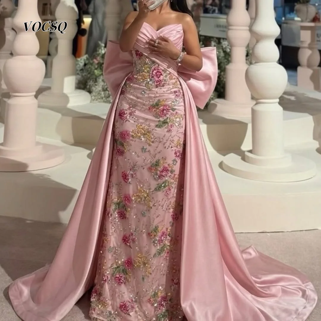 Prom Dresses Luxury Pink Strapless Boned Corset Colorful Floral Rhinestone Mermaid Satin Bow Overlay Evening Gown ﻿Customized