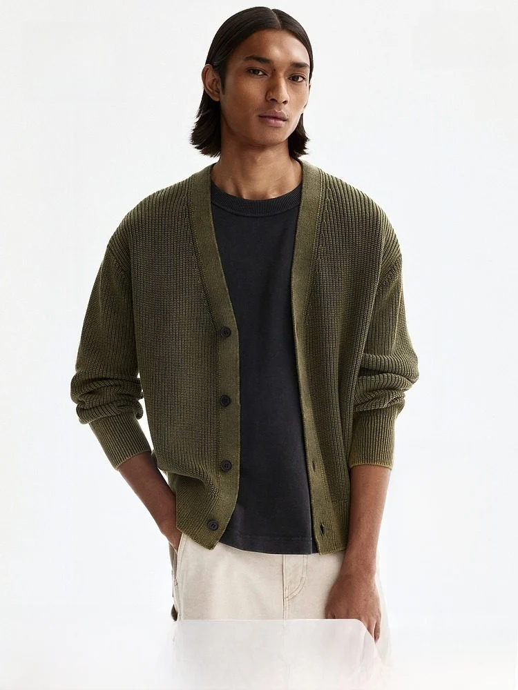 

Весенний новый повседневный хлопковый вязаный кардиган для мужчин, свободный крой, рубчатый трикотаж, H&M 32743, на пуговицах, стандартный, тонкий