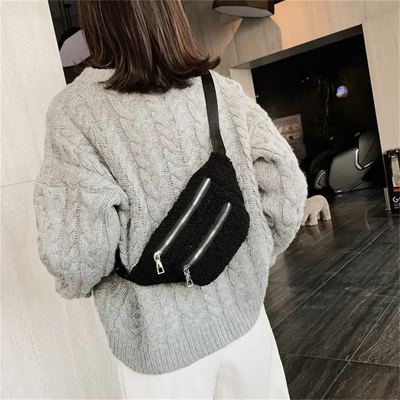 Peluş kadın bel çantası düz renk kemer çanta omuz Crossbody göğüs çanta marka tasarımcı kadın Fanny paketi muz kalça çanta