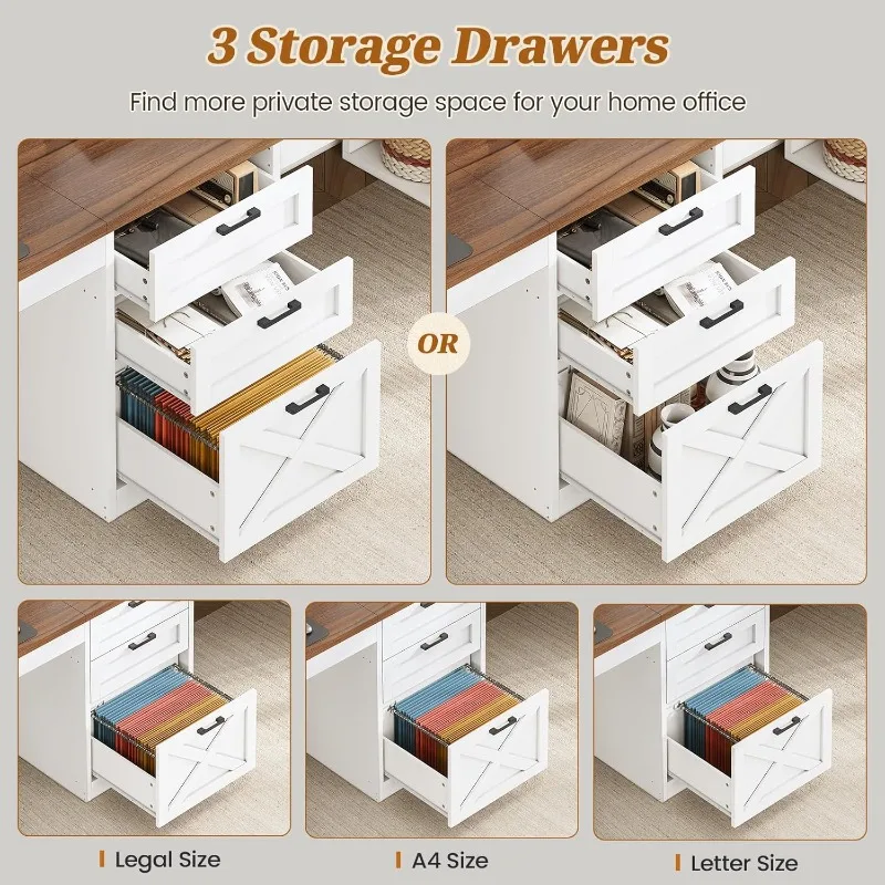 مكتب كمبيوتر Farmhouse مقاس 96.5 بوصة مع أدراج، مكتب منزلي لشخصين، مكتب ألعاب مزدوج مع أرفف تخزين، طويلان