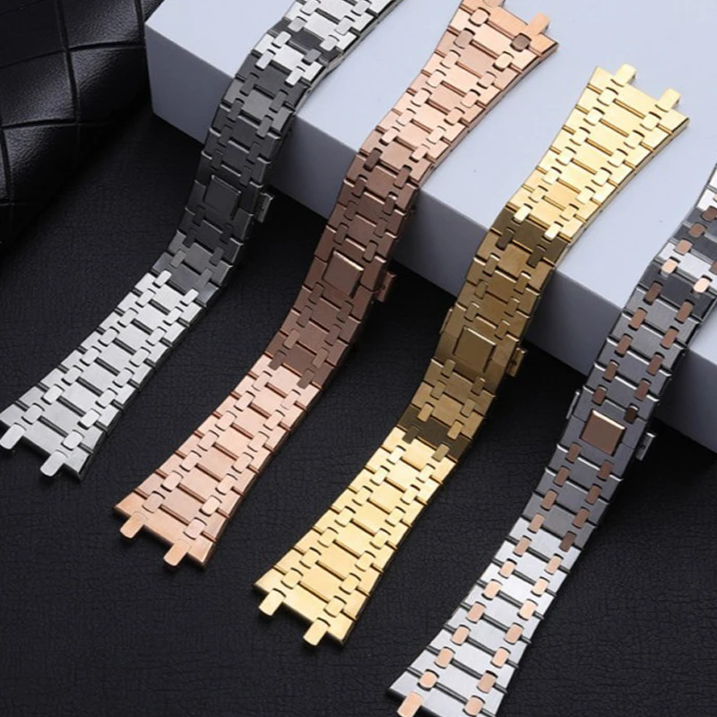 

Black gold silver watchband 21mm 26mm Men women Full Stainless Steel Watch Band Bracelet For AP ROYAL OAK strap folding buckle