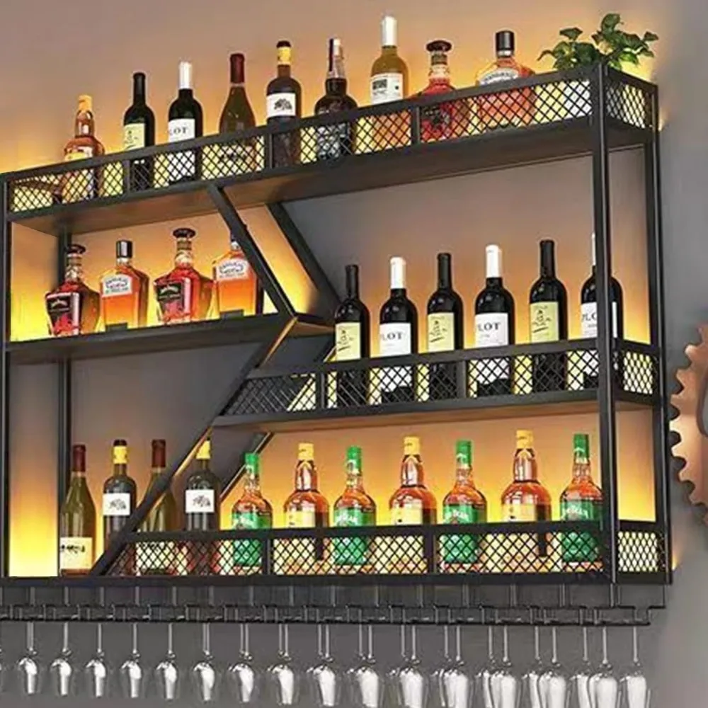 

Metal 3-Tier Wall-Mounted Wine Rack with Liquor Glass Holder and LED Lighting