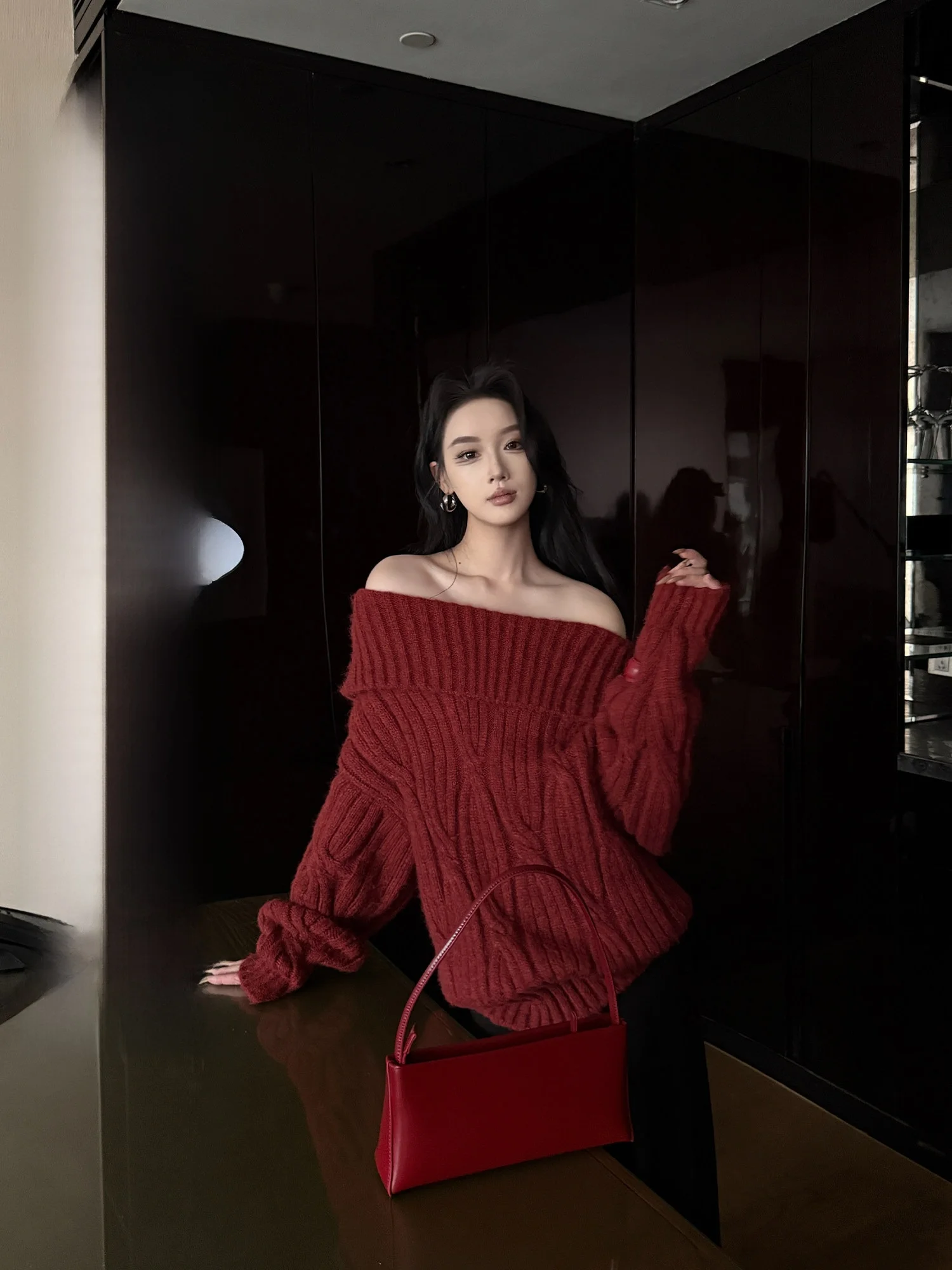 

Red One-oulder Knit Sweater Women's New Year's Faion Winter Loose Fit Long Sve Casual Sle Pure Color Button up Cardigan