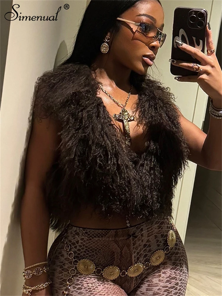 

Simenual 90s Vintage Soft Fur V-neck Halter Tops Hot Rave Lace-up Backless Tanks Top Cyber Y2K Streetwear Sleeveless Crop Vests