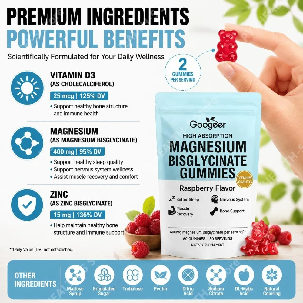 Googeer Magnesium Bisglycinate Gummies with Vitamin D3 & Zinc Support Muscle Recovery and Bone Structure for Adults 60 Gummies