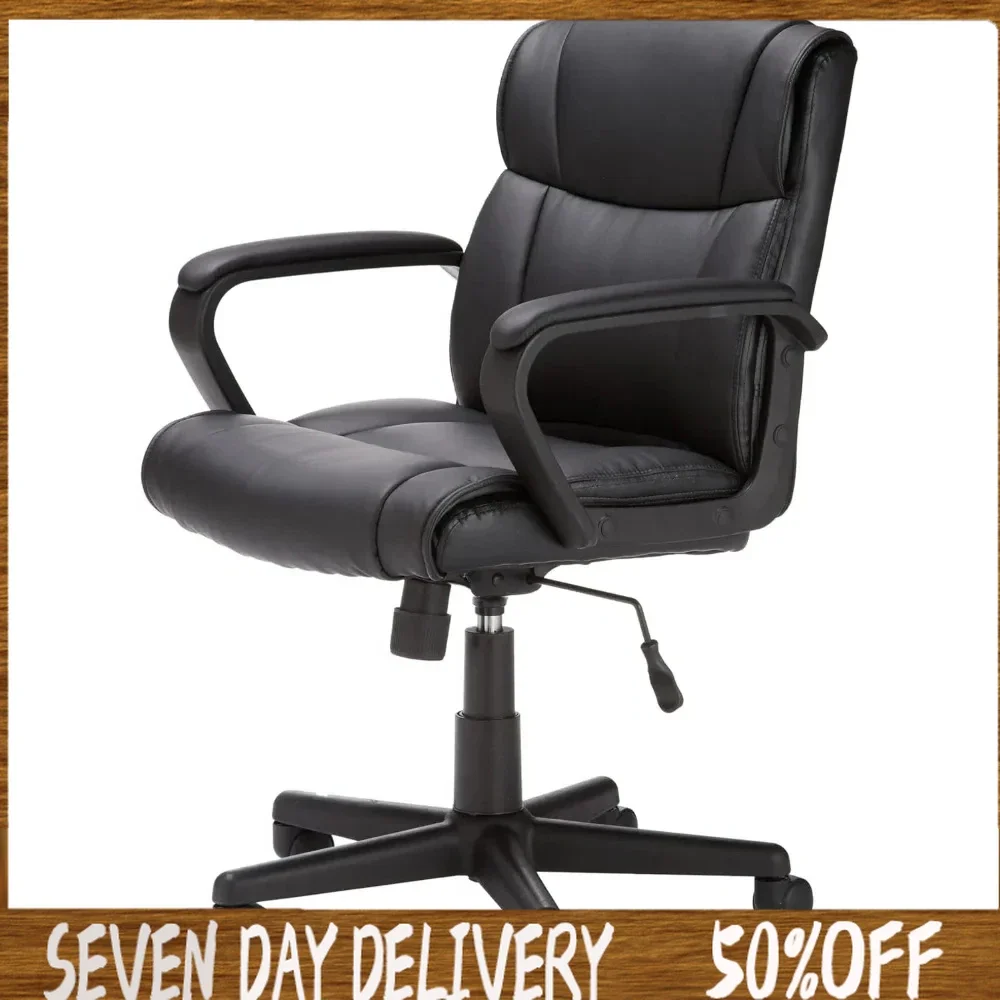 

Office chair with padded armrests, mid-back, adjustable, 360-degree swivel, rolling, 275 lb capacity, faux leather