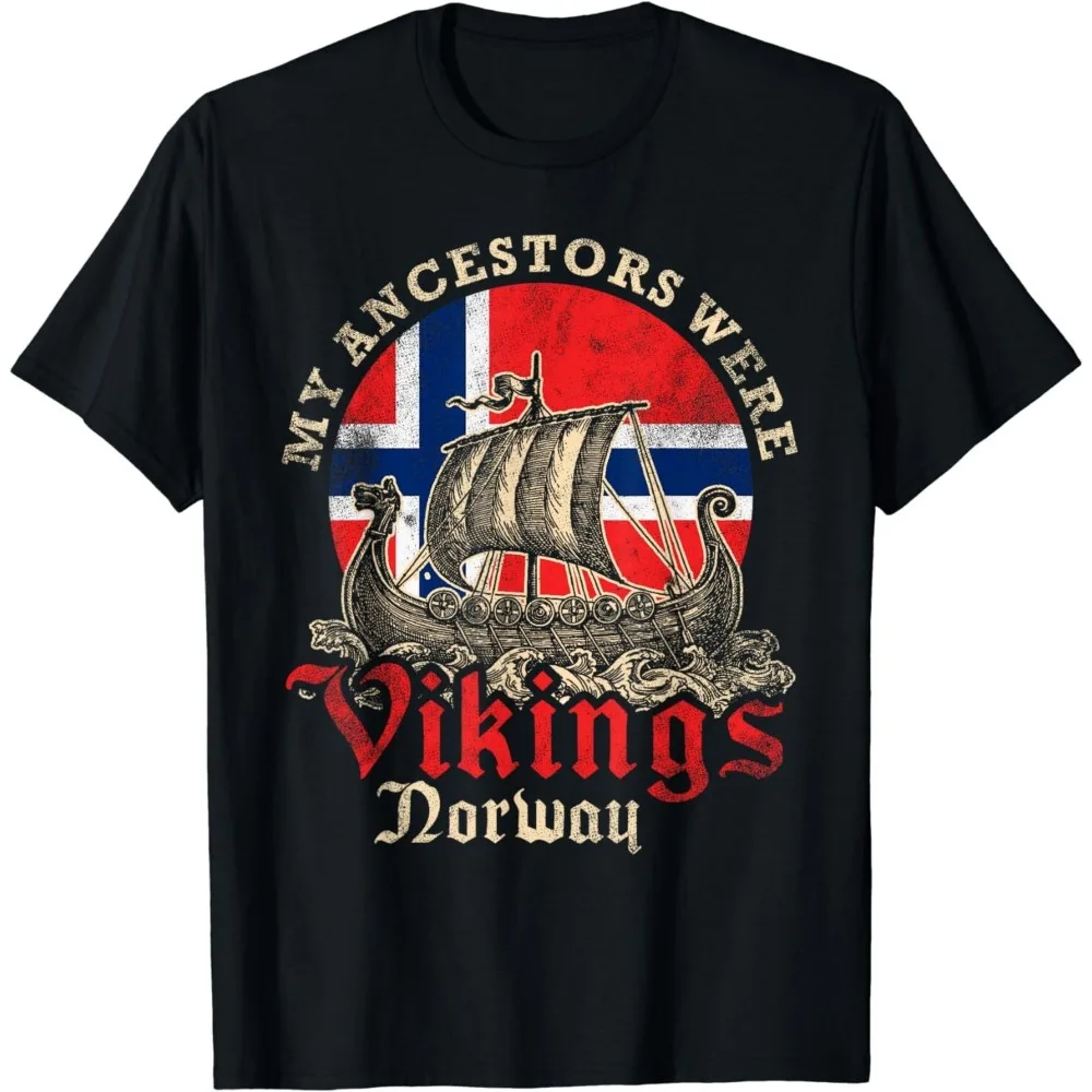 النرويجية فايكنغ سفينة العلم هدية للجنسين تي شيرت النرويج السياحية التذكارية القمم بحري نمط الرجال Crewneck القطن قصير الأكمام #2