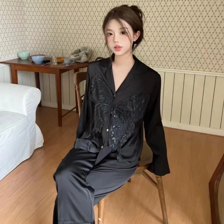 

Комплект домашней одежды большого размера (300Pou) с вышивкой: мужские и женские повседневные брюки с длинным рукавом, комплект из двух предметов