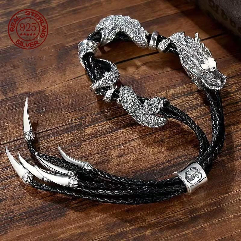 S925 Sterling Silver Vintage Dragon Entangle Bracelet Leather Rope Exquisite Jewelry Accessories Gifts Men Bracelet