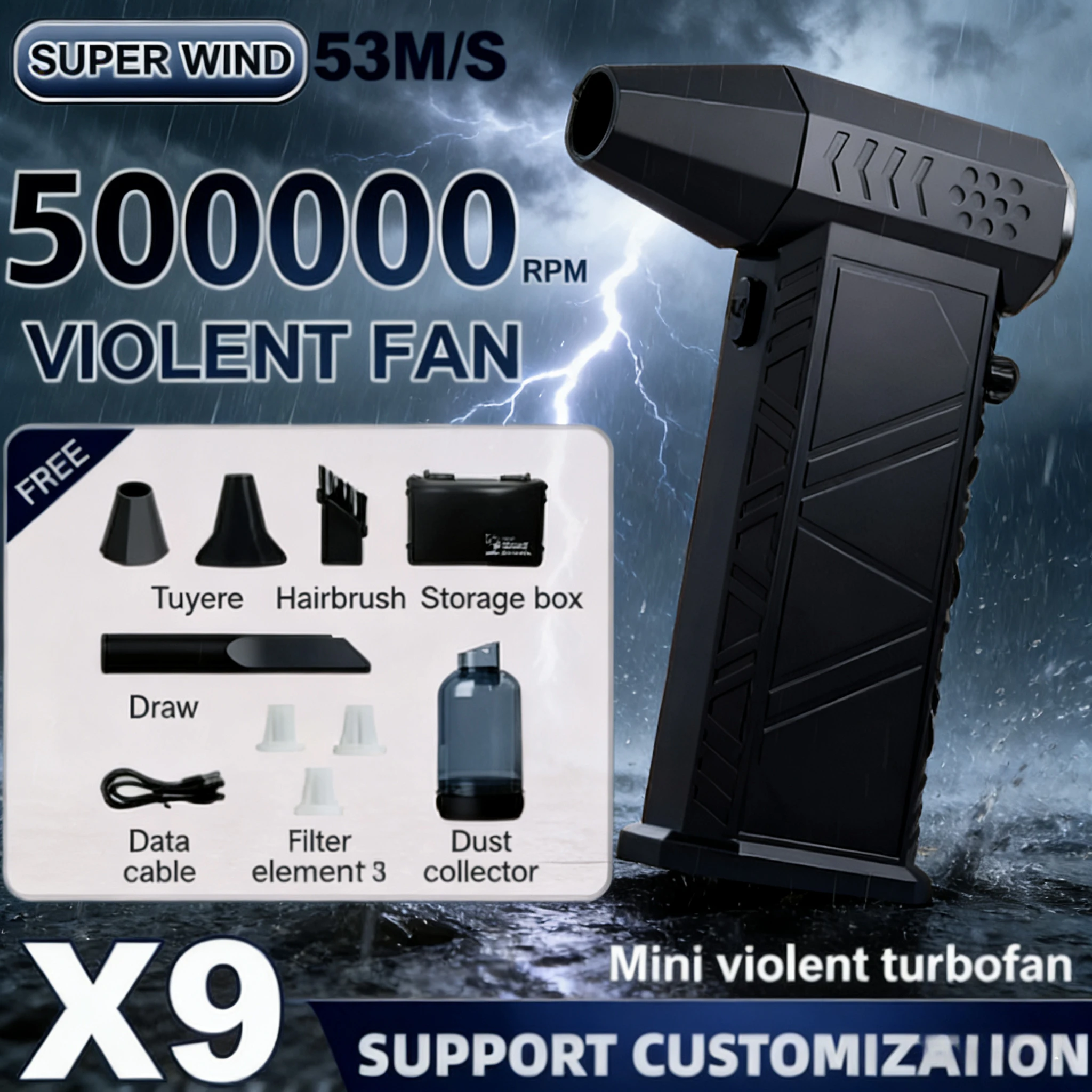X9 Turbo Jet-ventilatorblazer – borstelloze motor van 50.000 RPM |   Oplaadbare draagbare stofblazer en droger x9