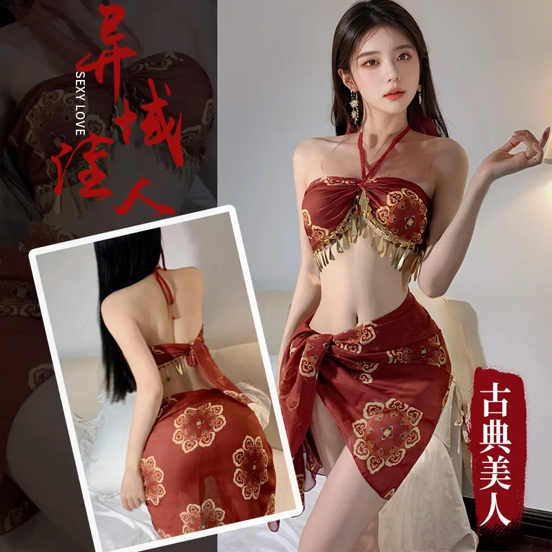 Sexy underwear cheongsam high slit sexy suit perspective Dunhuang ancient style free uniform Wu Mei Niang national style