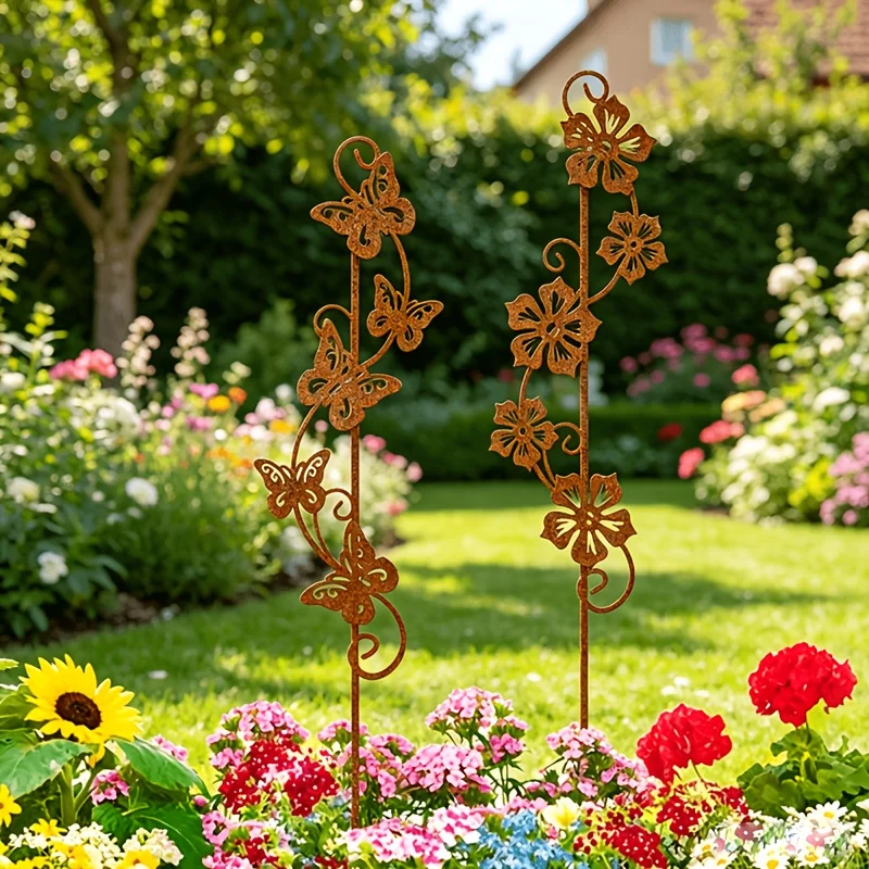 【2D Flat】Set of 2 Country Garden Signs, Butterfly and Flower Design, Iron Art Decorative Statues, Suitable for Outdoor Gardens, Ideal Gift for Gardeners or Plant Decorators, Romantic Garden Rust Metal Ornaments