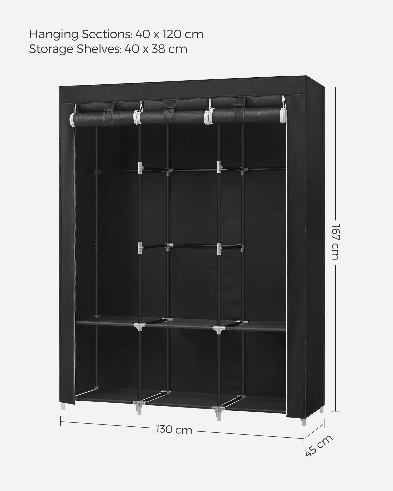 SONGMICS Clothes Wardrobe, Portable Closet with Cover, 130 x 45 x 167 cm, 3 Hanging Rails, Shelves, 4 Side Pockets