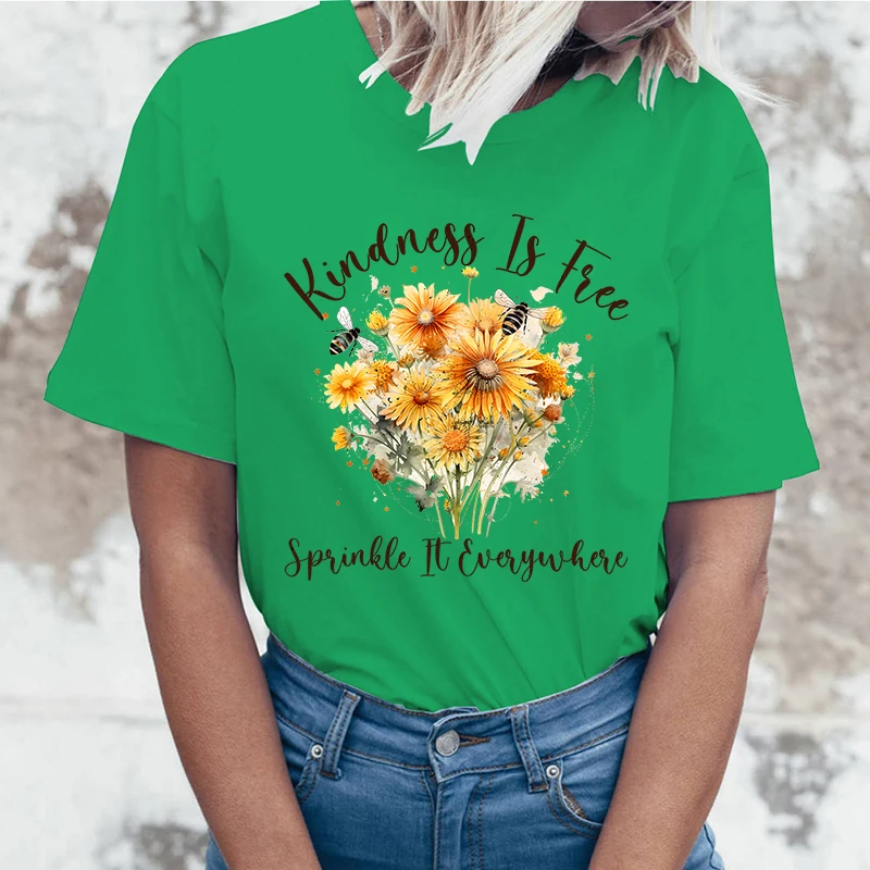 (High Quality T-shirts)Fashion Funny Kindness Is Free Sprinkle It Everywhere Sunflower Printed T-Shirts Women Summer Casual Top