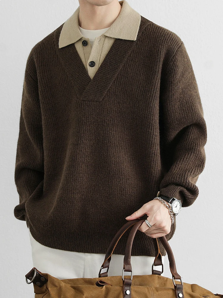 موضة المرقعة مزدوجة الطبقات بولو البلوزات الرجال Vintage زرر التلبيب متماسكة قميص بولو رجالي خريف شتاء عادية محبوك Polos #6