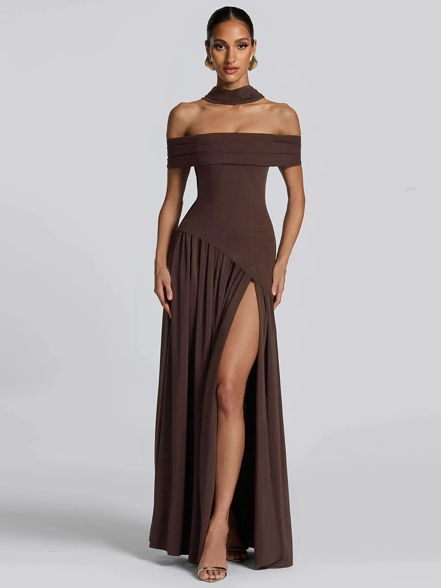 

Weird Puss Caramel Coffee One-oulder Sa Netie Long Dr Women Spicy Girl High Slit Skirt Polyester Elastic Fiber Dr