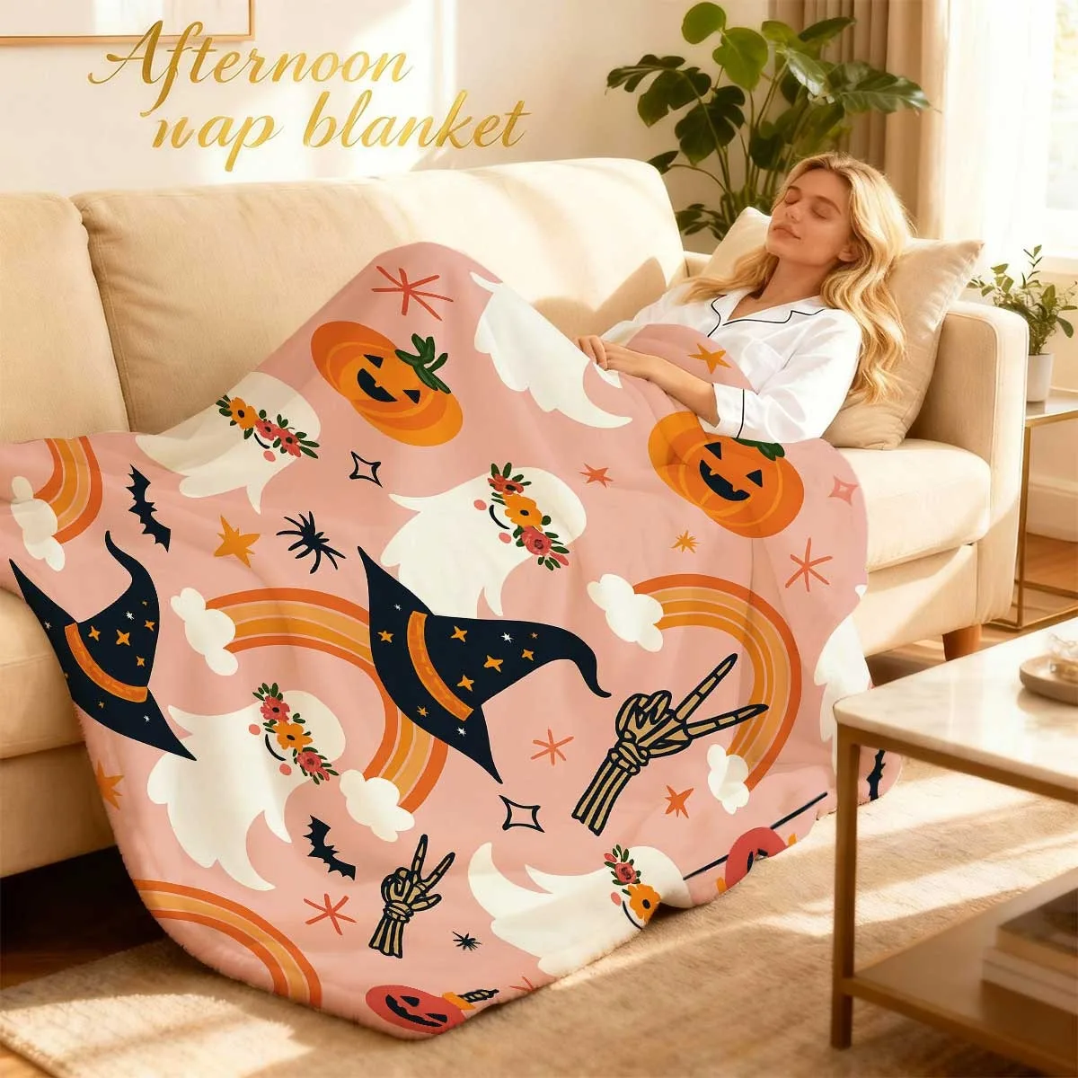 Ultra-Soft Plush Blanket Suitable for All Seasons, Featuring a Warm Throw Design with Pastel Pink And Colorful Ghosts, Bats, Witches, And Pumpkins, Perfect for Beds, Couches, Party Decorations, And As a Thoughtful Gift