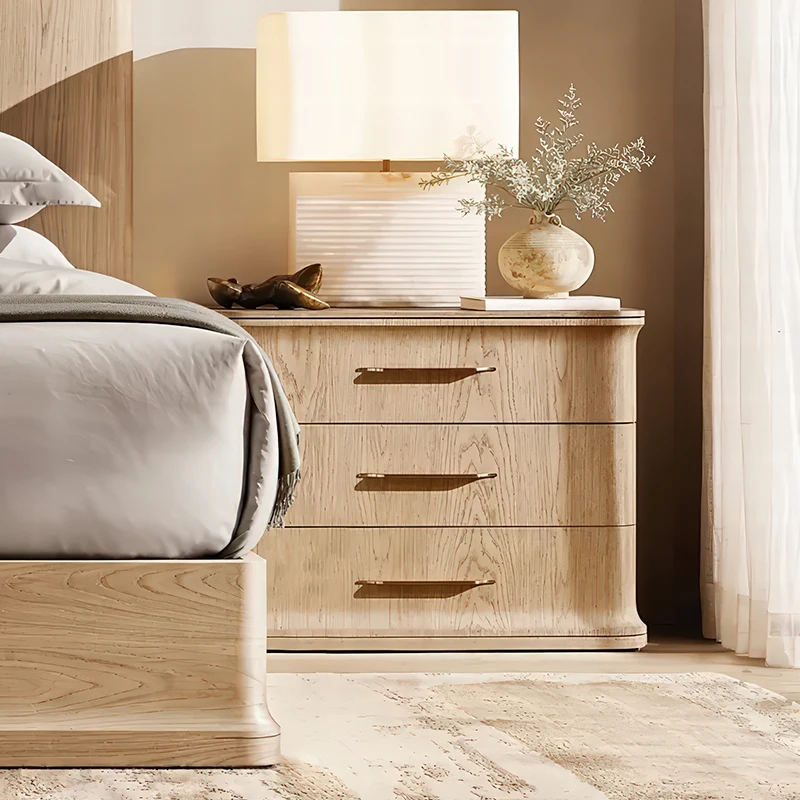 xx-RH BARON NIGHTSTAND Light Wood 3-Drawer Bedside Table Long Metal Handles Modern Rounded-Edge Design Bedroom Storage Cabinet