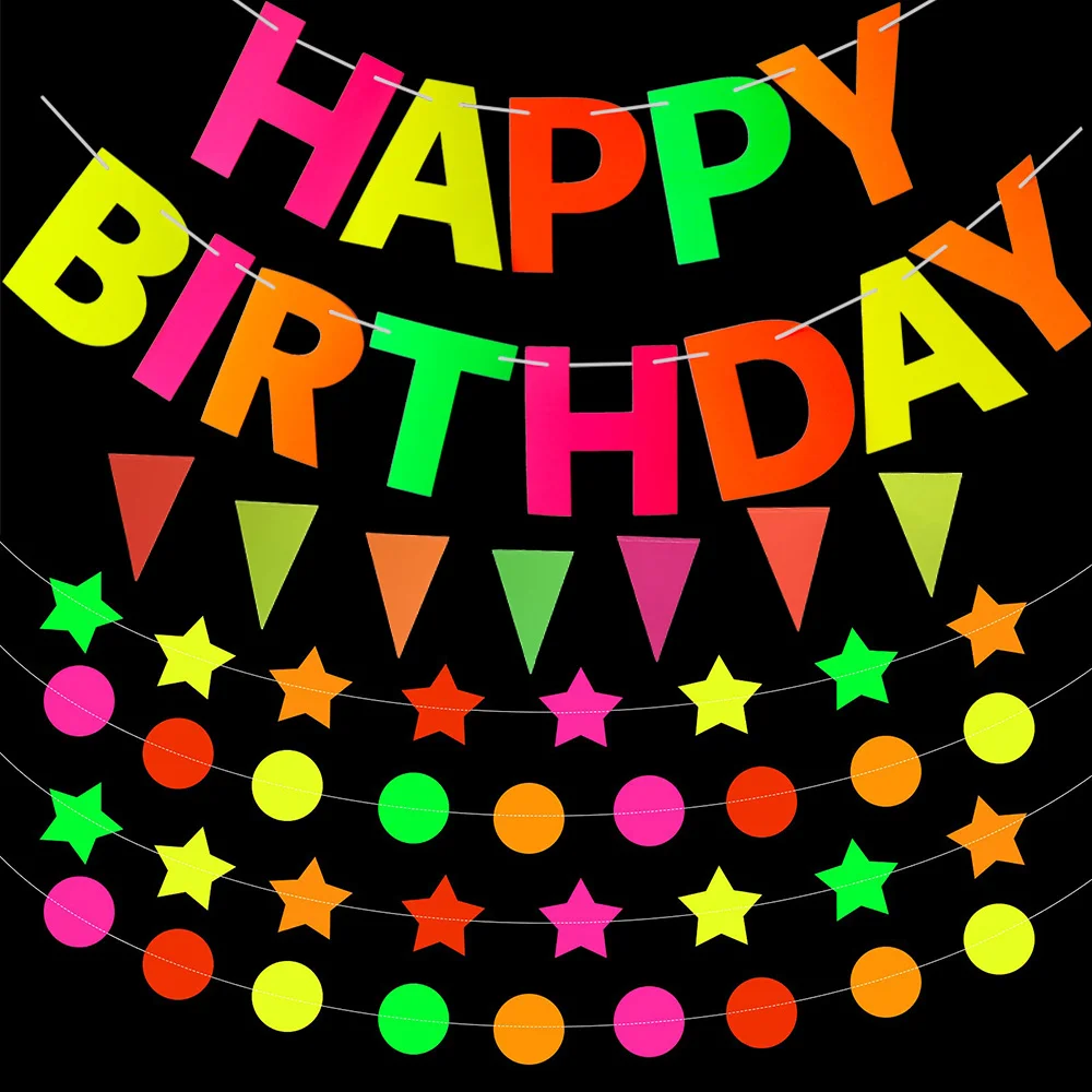 

Neon Birthday Paper Garland Decorations Glow in the Dark Party Triangle Flags Bunting Black Light Reactive UV Banner Supplies