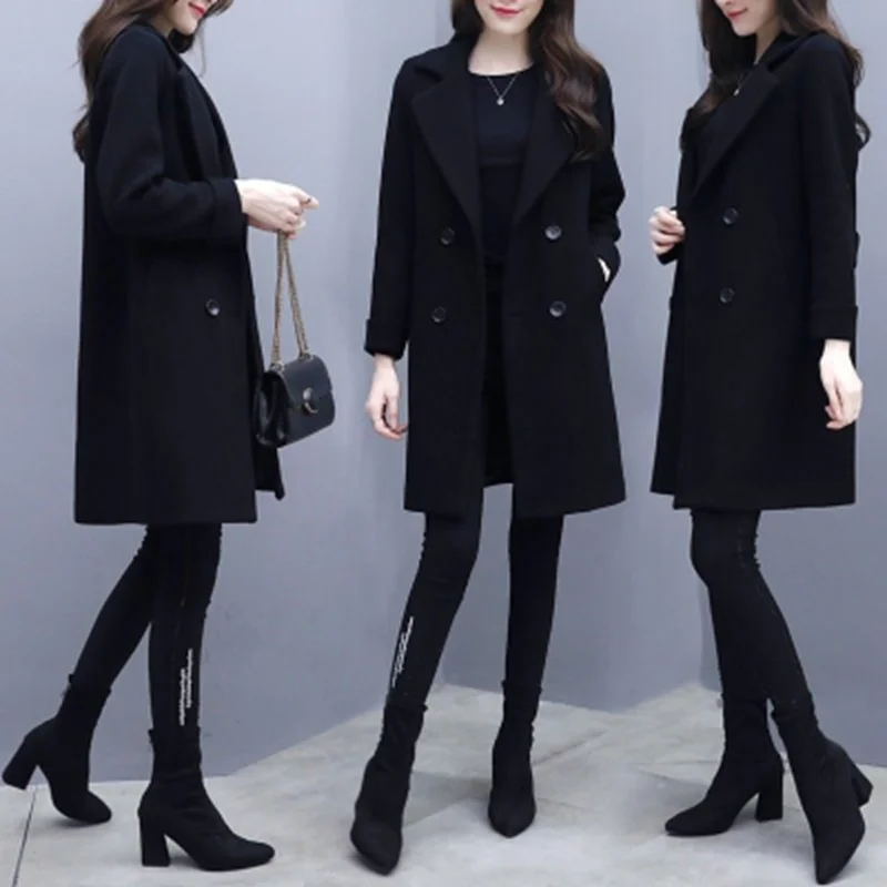 

2026 New Korean Style Women's Warm Woolen Coat Loose Fit with Pockets Mid-Length Elegant Black Outerwear for Spring Autumn