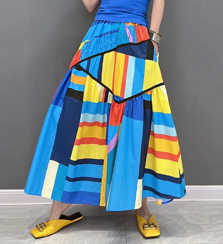 Elastic Waist A-Line New 2023 Summer Korean Style Woman Long Blue Printed Skirt Pockets Loose Fit Casual Holiday Skirt JJSK031