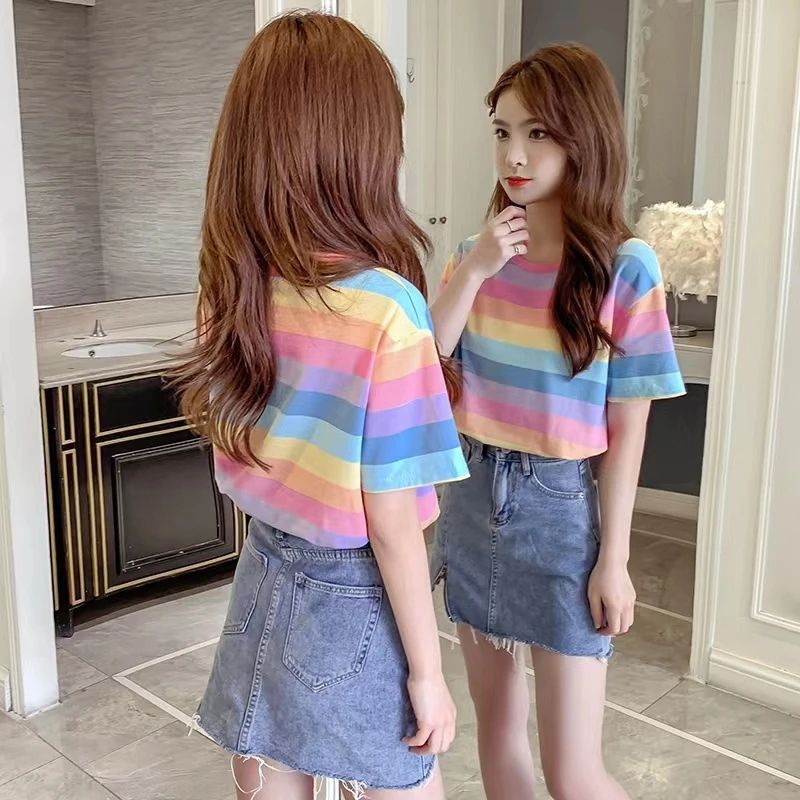 OUMEA Women Rainbow Striped Tees Short Sleeve Summer Casual Loose Beach Colorful Stripe Tshirt Korean Sweet Cropped Cotton Tees