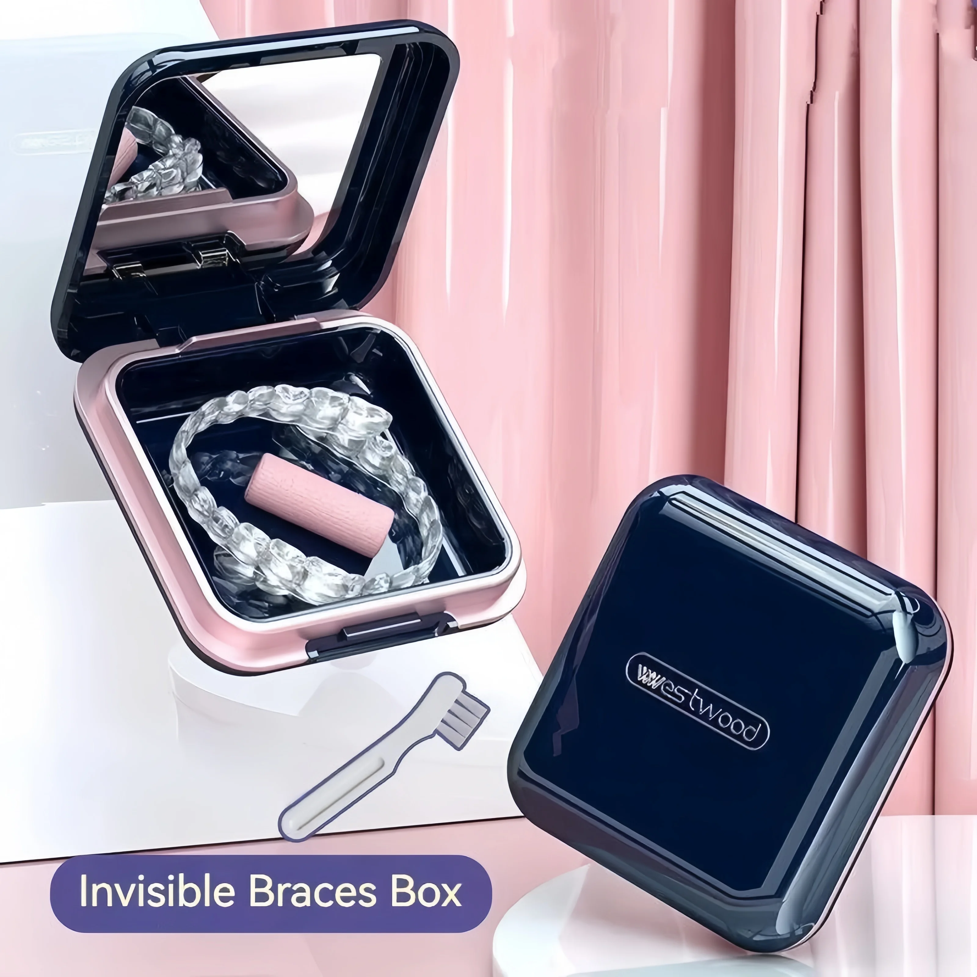 

Retainer Case Solid Luxury Blue Orthodontic Aligner Dental Mouth Guard With Lid Hinge Removal Tool With Mirror Invisible Braces