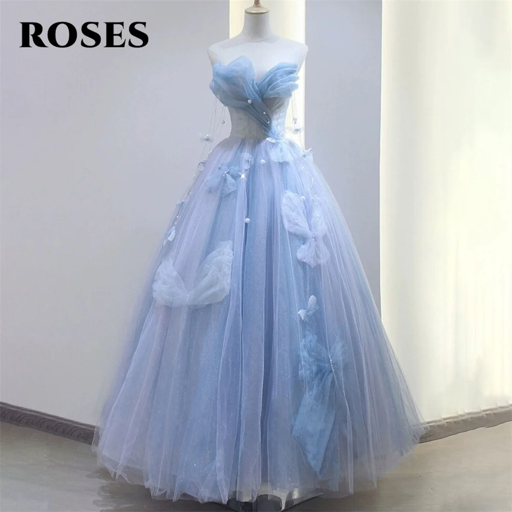 ROSES Blaue, elegante, schöne Ballkleider, Tüll, herzförmiges formelles Kleid mit Falten, A-Linie, Abendkleider für Damen, individuell gestaltet