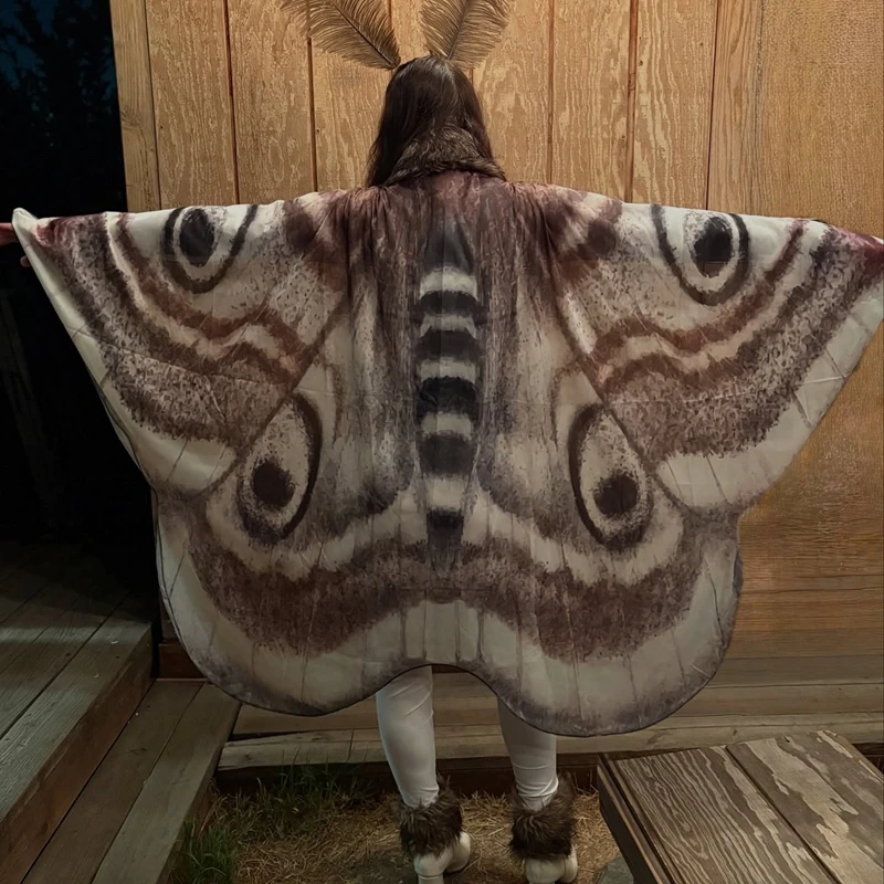 Women's Gothic Moth Skull Print Fuzzy Antenna Chiffon Cape Ponchos Halloween Party Club Cosplay Costume Capes