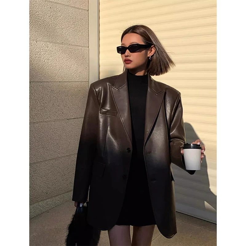 MEXZT Vintage Black Pu Leather Jacket Women Streetwear Oversized Motorcycle Coat Ladies Korean Blazer Fall Winter Chic Outerwear