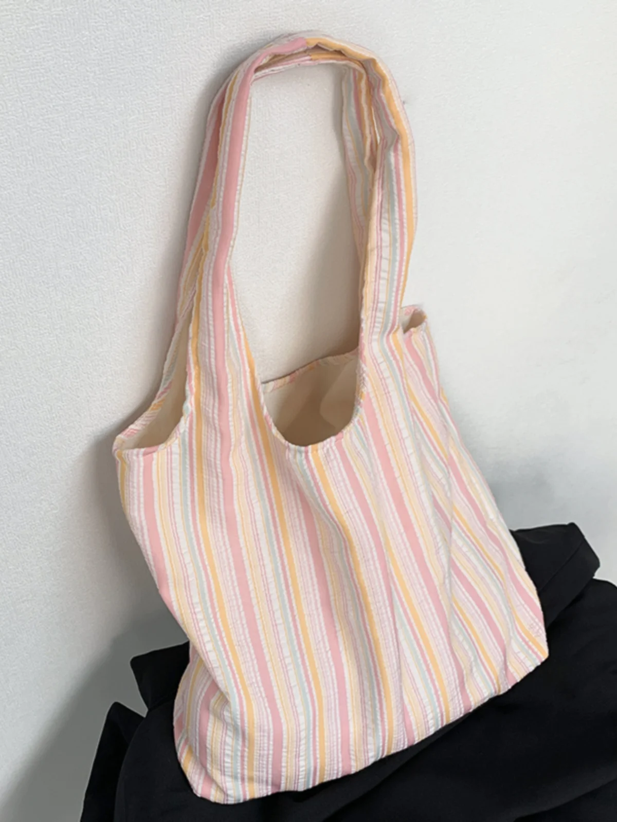 Japanese and Korean dopamine striped canvas bag vest bag large-capacity underarm summer fairy student handbag.