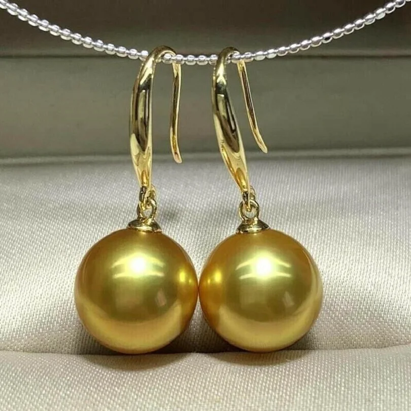 

Large AAAA 10-9mm Natural Gold Round South China Sea Pearl Earrings 14K Gold