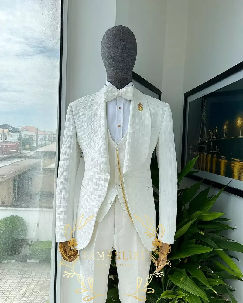 Suits Sets For Men Fashion White Plaid Blazer Vest Floral Pants 3 Pieces Formal Party Tailor-made Elegant Slim Fit Costumes