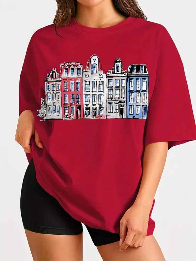 

Fashion T - Shirt Casual Round Neck Short - Sleeved Top Decorated With Colorful Building Illustrations Trendy Streetwear