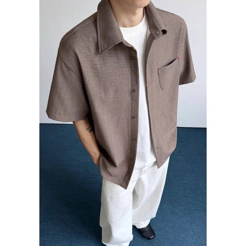 Men Breathable Linen Blend Short Sleeve Button Shirt Lapel Collar Chest Pocket Loose Cut For Summer Layered Dressing