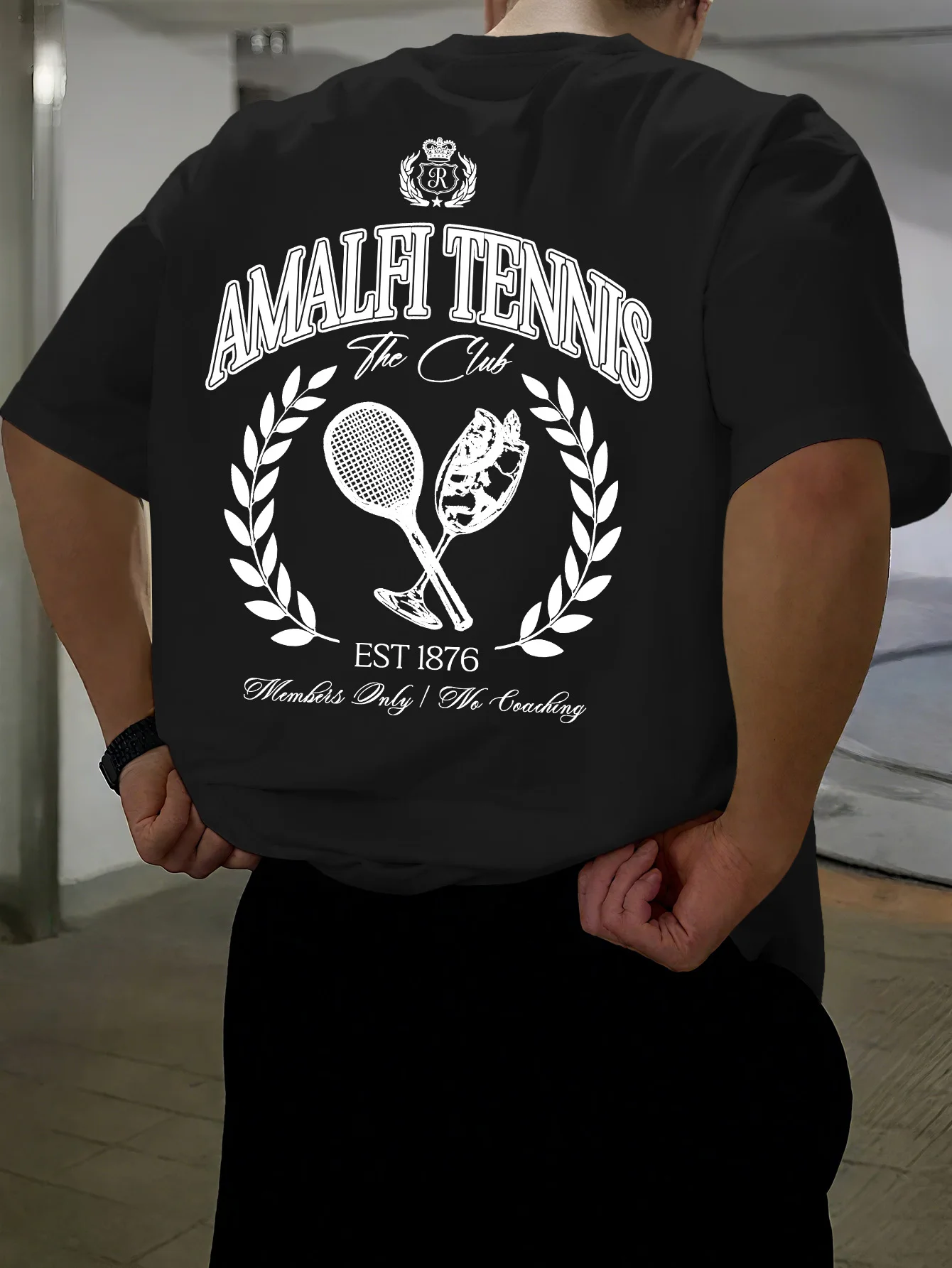 Oversized Drop Shoulder Men T-shirt, Tennis Racket Laurel Wreath Club Back Print Streetwear Casual Tee