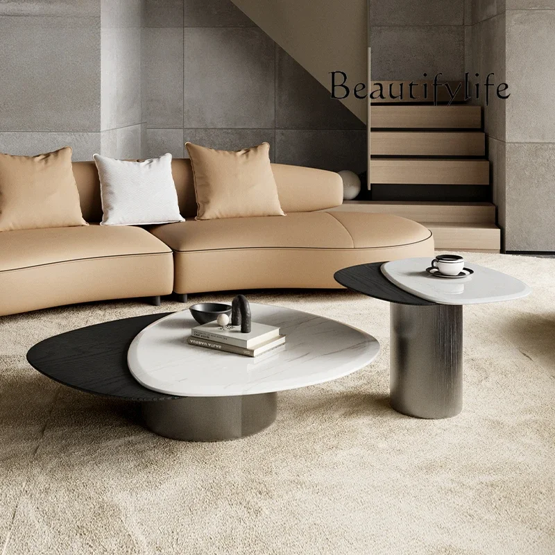 

M Italian Minimalist/natural Stone + Solid Wood/modern Minimalist Special-shaped Luxury Stone Marble Coffee Table Side Combinati