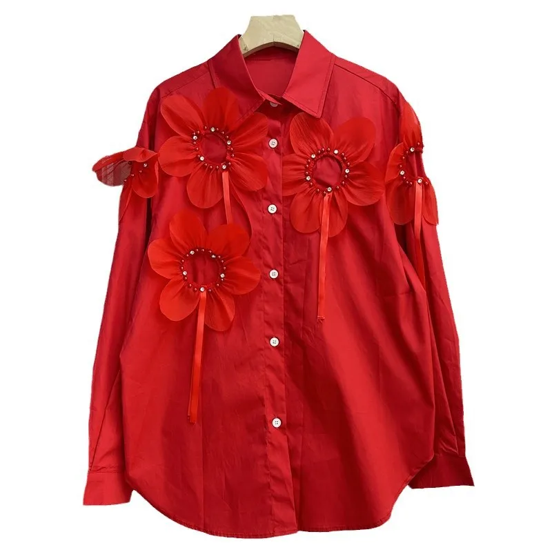 

Blouses Women Shirt Vintage Turn Down Collar Full Sleeve Tops Floral Beaded Vintage Y2k Streetwear Elegant Shirts 2026 Spring
