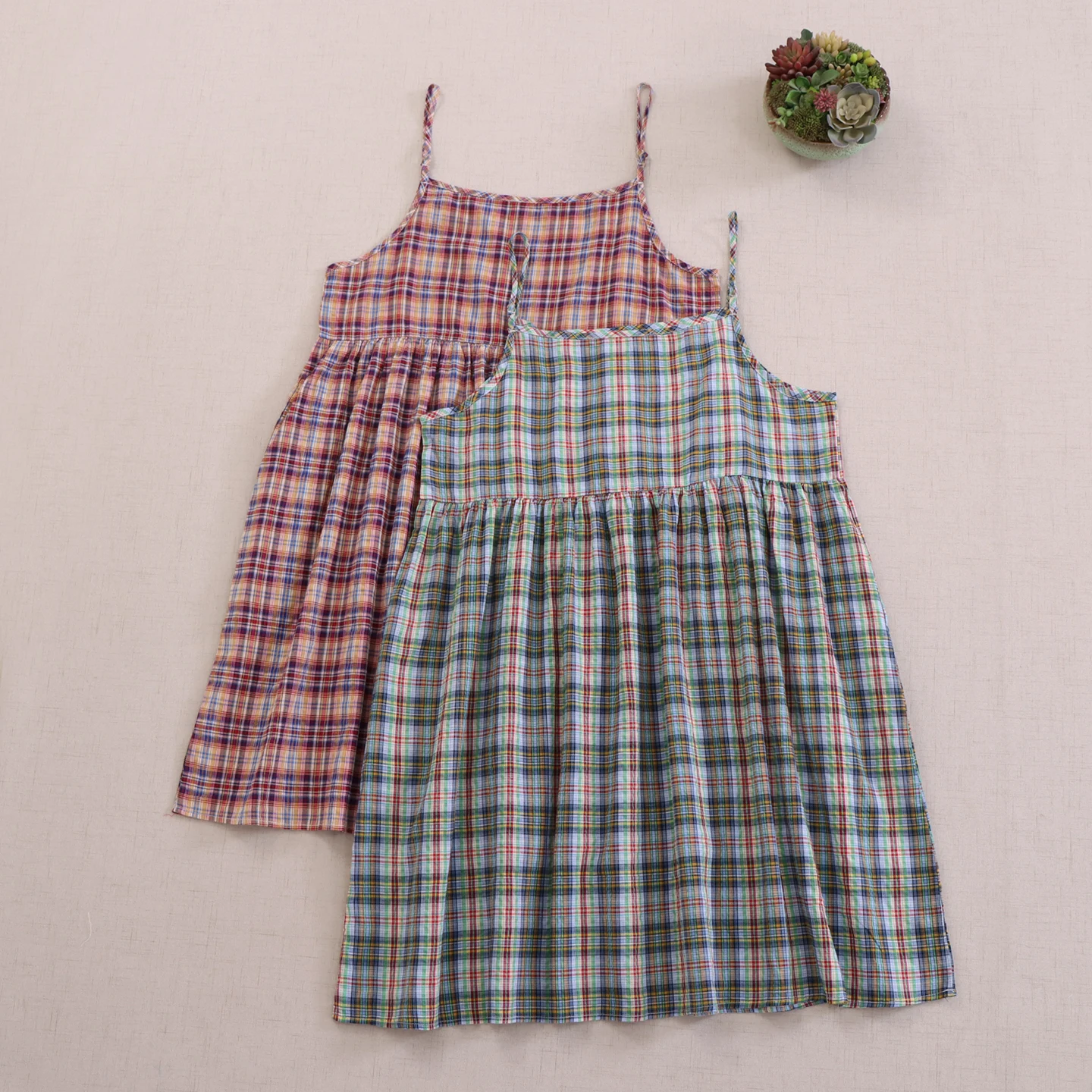 

Japanese Vintage Mori Girl Colorful Plaid Spaghetti Strap Slip Dress Women Summer New Casual Loose Tank Dresses