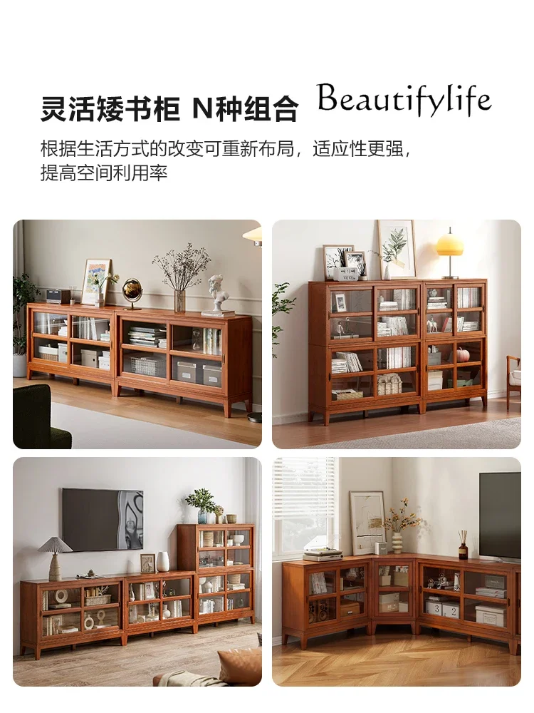 Short Bookcase Floor Living Room Home Locker Integrated with Glass Sliding Door Solid Wood Bookshelf